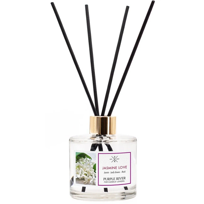 Diffusori a bastoncini in bottiglia di vetro confezionata in una scatola gelsomino Jasmine Love Purple River 200 ml