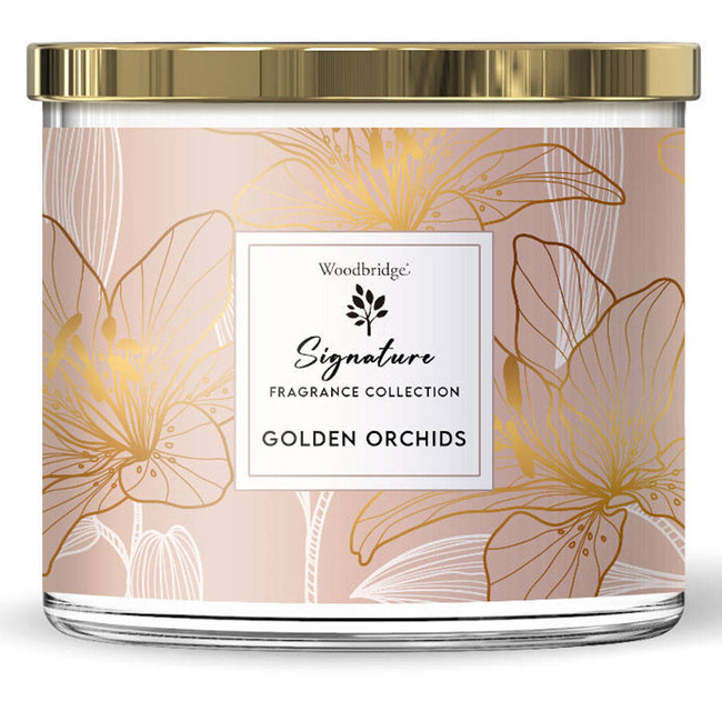 Ароматическая свеча Woodbridge Signature Collection большая с 3 фитилями в стакане 410 г - Golden Orchids (Золотые орхидеи)