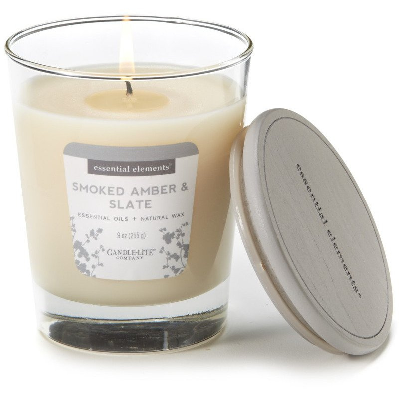 Bougie parfumée au soja aux huiles essentielles dans un verre Smoked Amber Slate Candle-lite 255 g