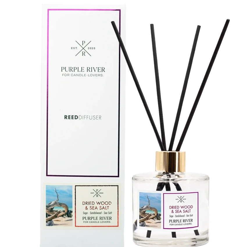 Purple River fragrance sticks Dried Wood Sea Salt in a 100 ml glass flacon
