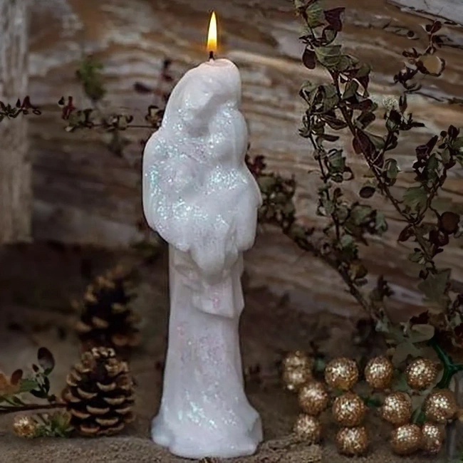 Świąteczna świeca ozdobna biała brokat Święta Rodzina 250/80 mm
