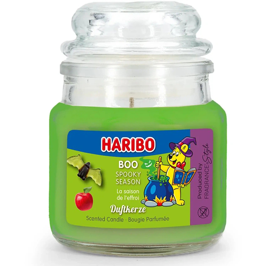 Haribo candela profumata piccola in vetro Boo caramelle gommose alla mele Halloween 85 g