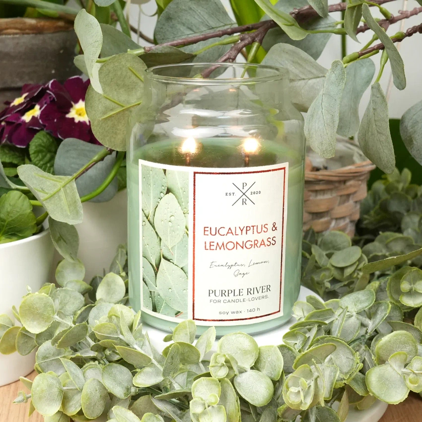 Duża sojowa świeca zapachowa w szkle ziołowa eukaliptusowa Eucalyptus Lemongrass Purple River 623 g
